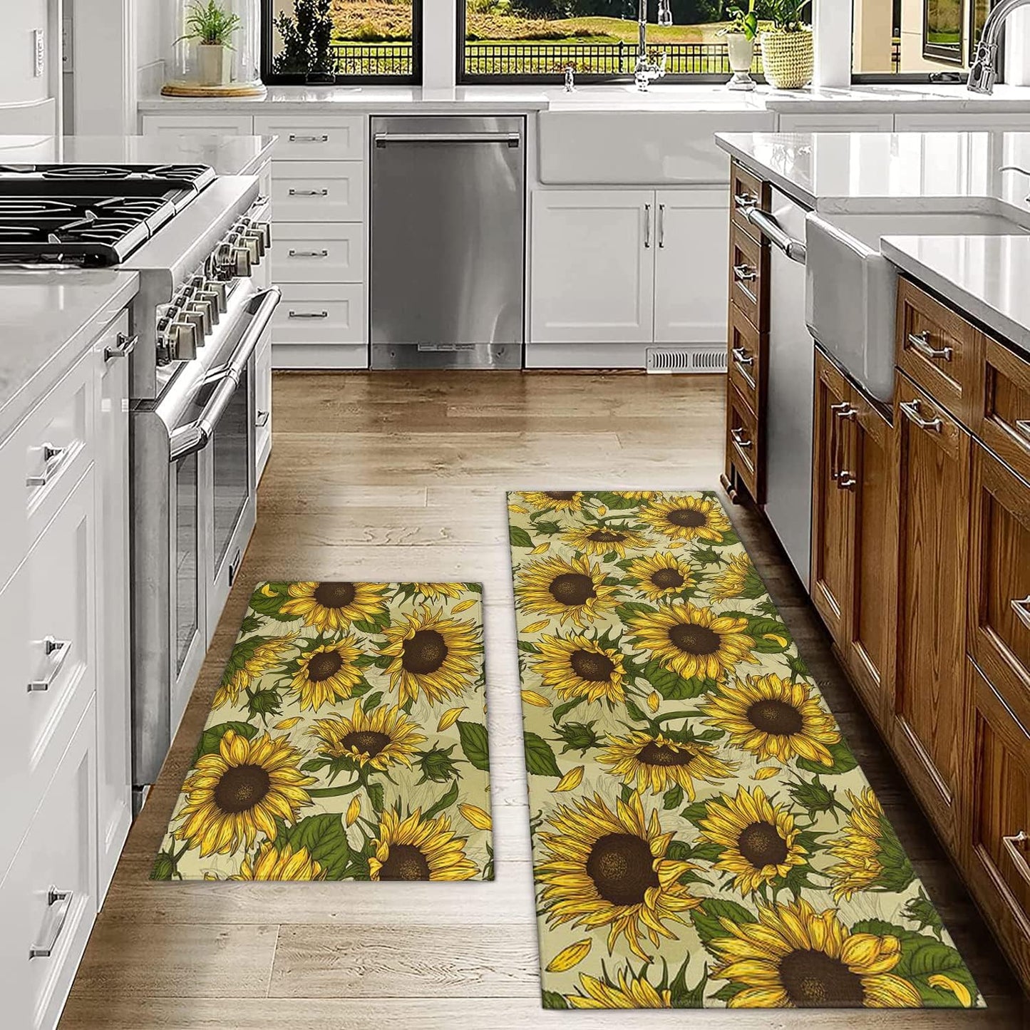 Summer Sunflower Kitchen Rugs Sets of 2 Non-Slip Washable Yellow Sunflower Rugs for Kitchen Decor