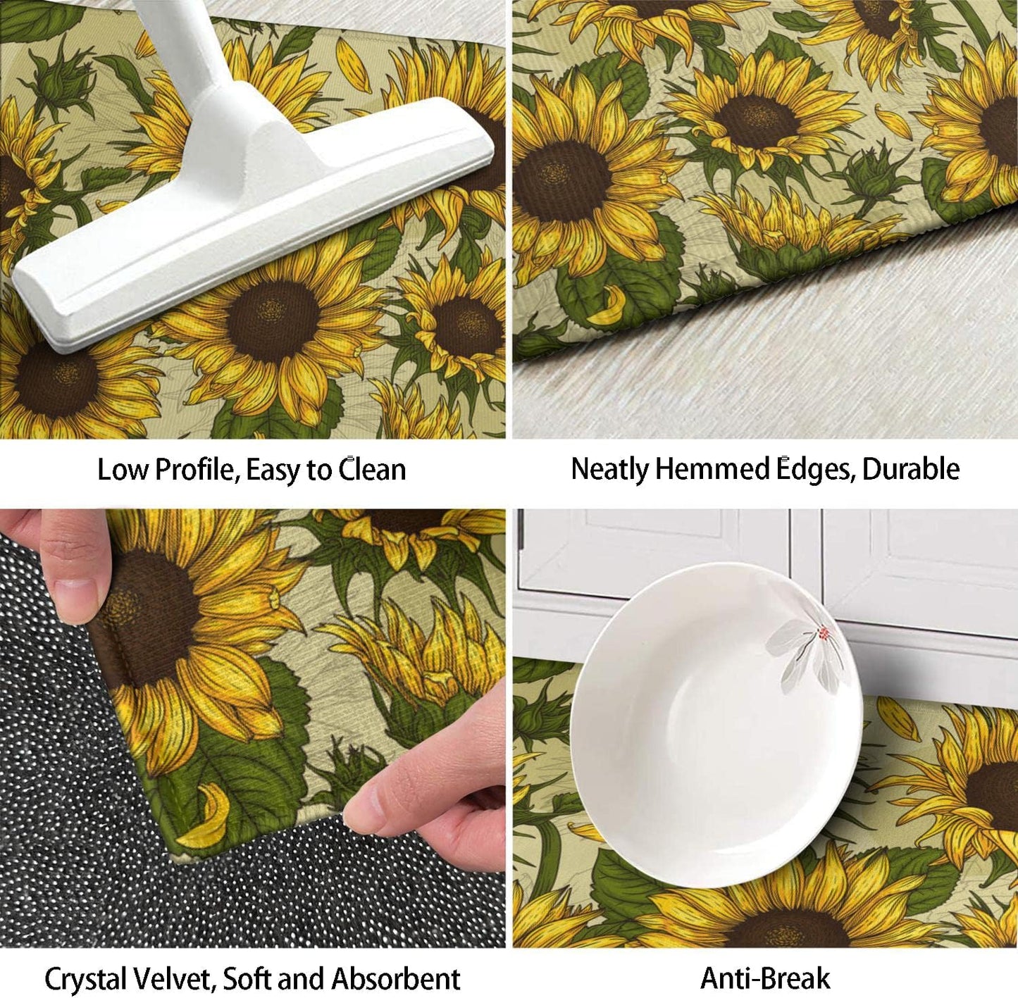 Summer Sunflower Kitchen Rugs Sets of 2 Non-Slip Washable Yellow Sunflower Rugs for Kitchen Decor