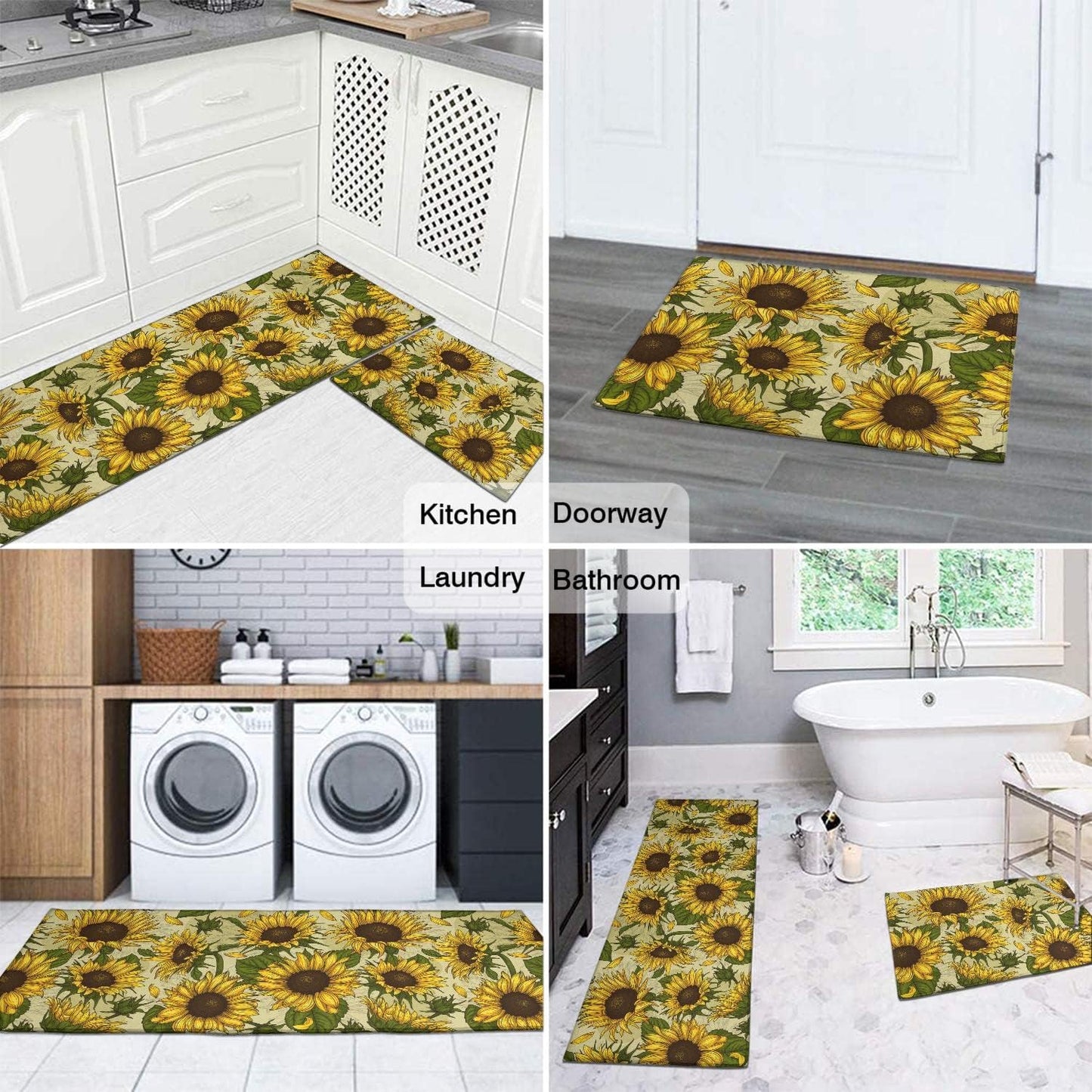 Summer Sunflower Kitchen Rugs Sets of 2 Non-Slip Washable Yellow Sunflower Rugs for Kitchen Decor