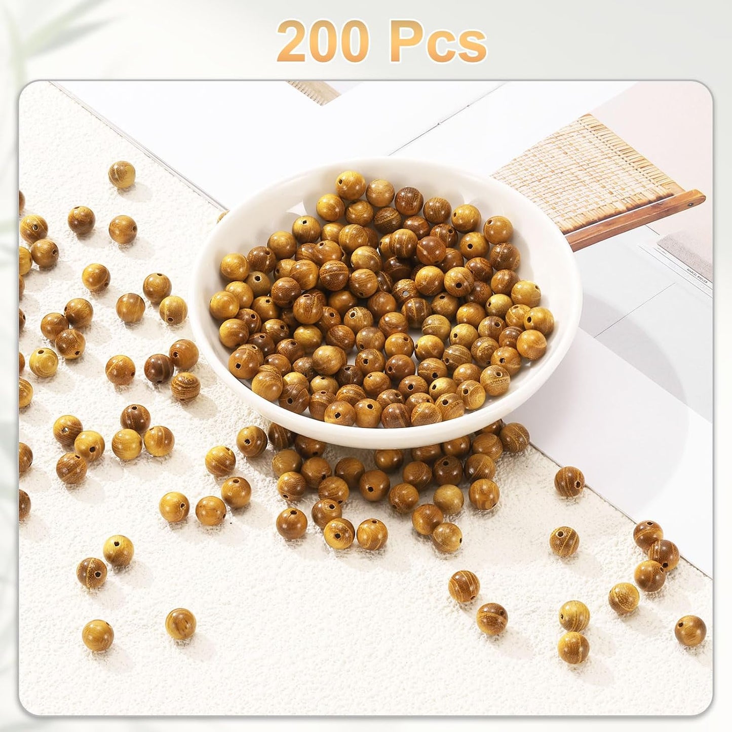 200pcs Natural Wooden Beads 8mm Yellow Sandalwood Round Polished Loose Bead Smooth Spacer Balls Beading for Jewelry Making Bracelets Necklace Earrings Craft DIY