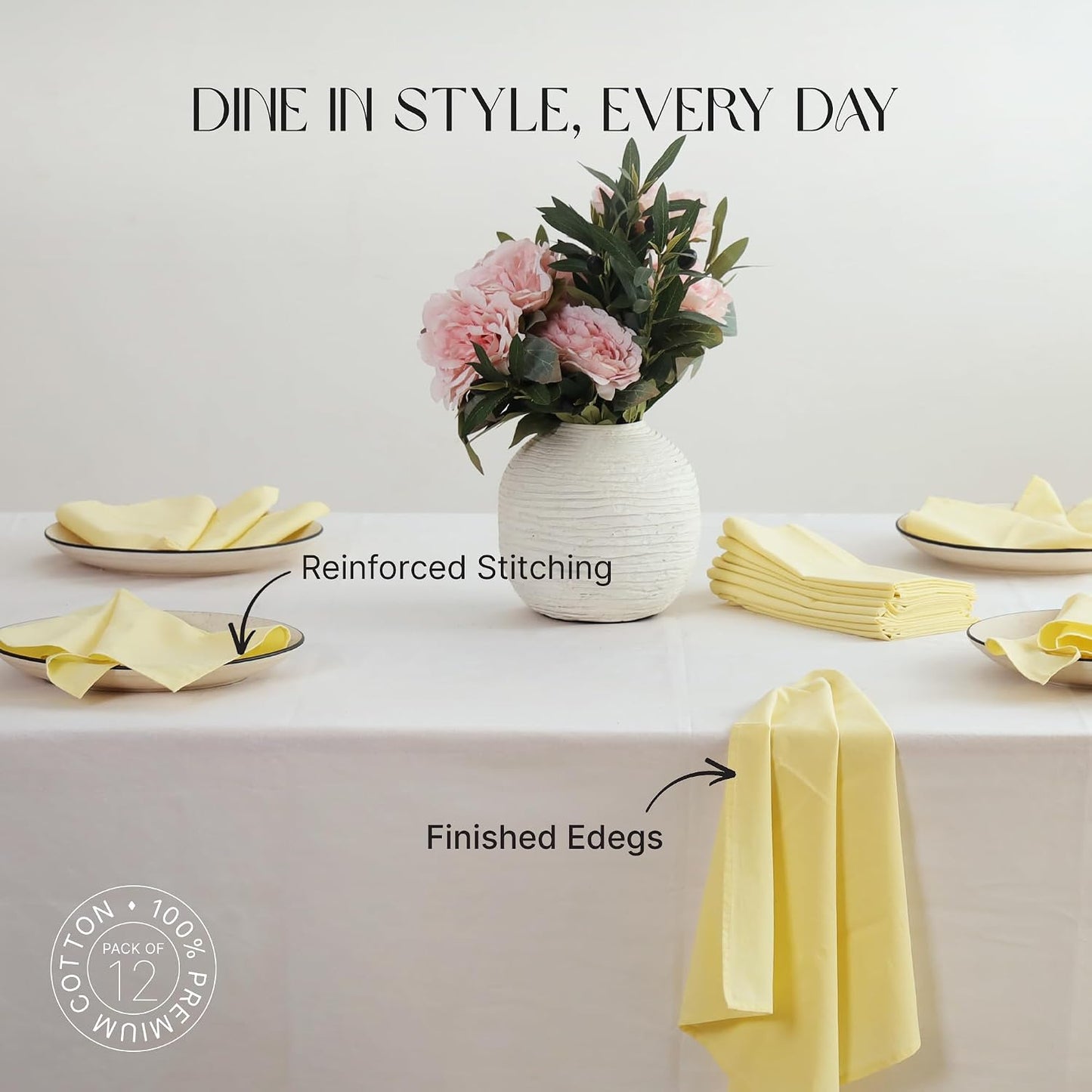 Cloth Napkins Set of 12, 100% Cotton Fabric Reusable Dinner Napkins, 18 x 18 Inch Washable Table & Kitchen Napkins for Everyday Dining, Entertaining, Home & Restaurant Use, Light Yellow