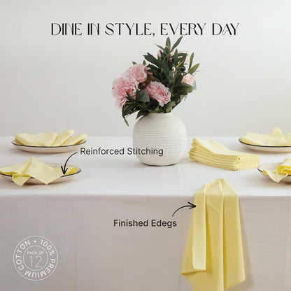 Cloth Napkins Set of 12, 100% Cotton Fabric Reusable Dinner Napkins, 18 x 18 Inch Washable Table & Kitchen Napkins for Everyday Dining, Entertaining, Home & Restaurant Use, Light Yellow