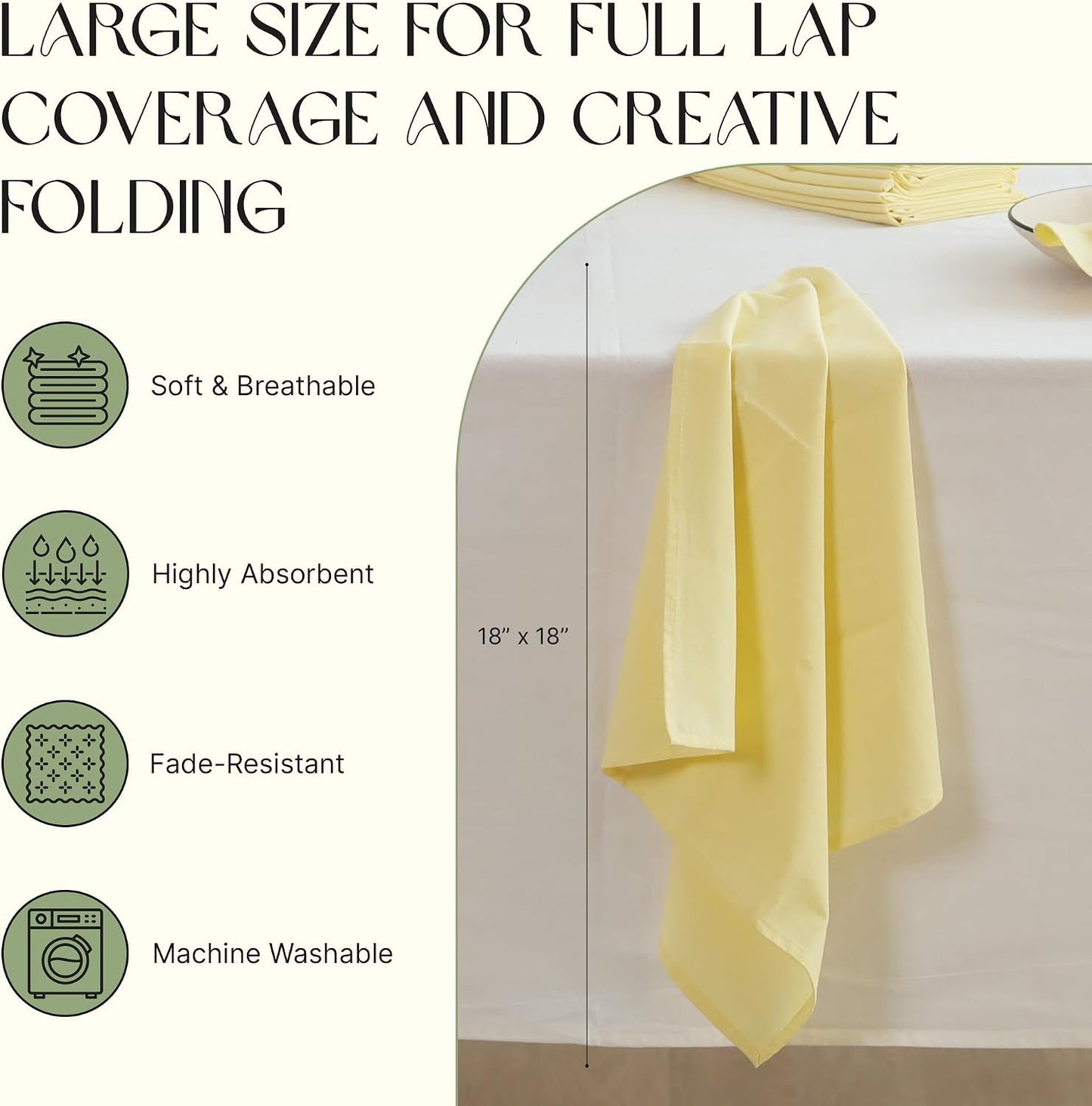 Cloth Napkins Set of 12, 100% Cotton Fabric Reusable Dinner Napkins, 18 x 18 Inch Washable Table & Kitchen Napkins for Everyday Dining, Entertaining, Home & Restaurant Use, Light Yellow