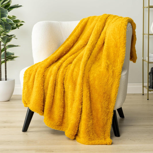 Sherpa Throw Blanket for Couch Sofa Bed, Gold Mustard Yellow 50x60 | Fluffy Plush 320 GSM Fleece Microfiber, Lightweight Soft Cozy Reversible Shaggy, All Season Home Decor, Winter Holiday Gift