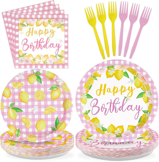 96 Pcs Pink Lemon Birthday Decorations Pink and Yellow Lemonade Paper Plates and Napkins Summer Fruit Theme Tableware Set for Boys Girls Birthday Baby Shower Party Supplies Serves 24