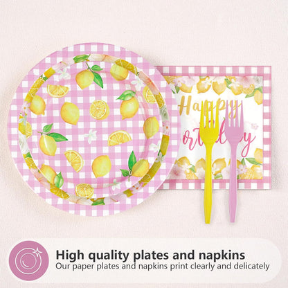 96 Pcs Pink Lemon Birthday Decorations Pink and Yellow Lemonade Paper Plates and Napkins Summer Fruit Theme Tableware Set for Boys Girls Birthday Baby Shower Party Supplies Serves 24