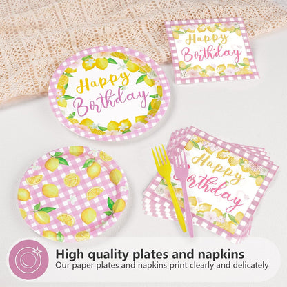 96 Pcs Pink Lemon Birthday Decorations Pink and Yellow Lemonade Paper Plates and Napkins Summer Fruit Theme Tableware Set for Boys Girls Birthday Baby Shower Party Supplies Serves 24