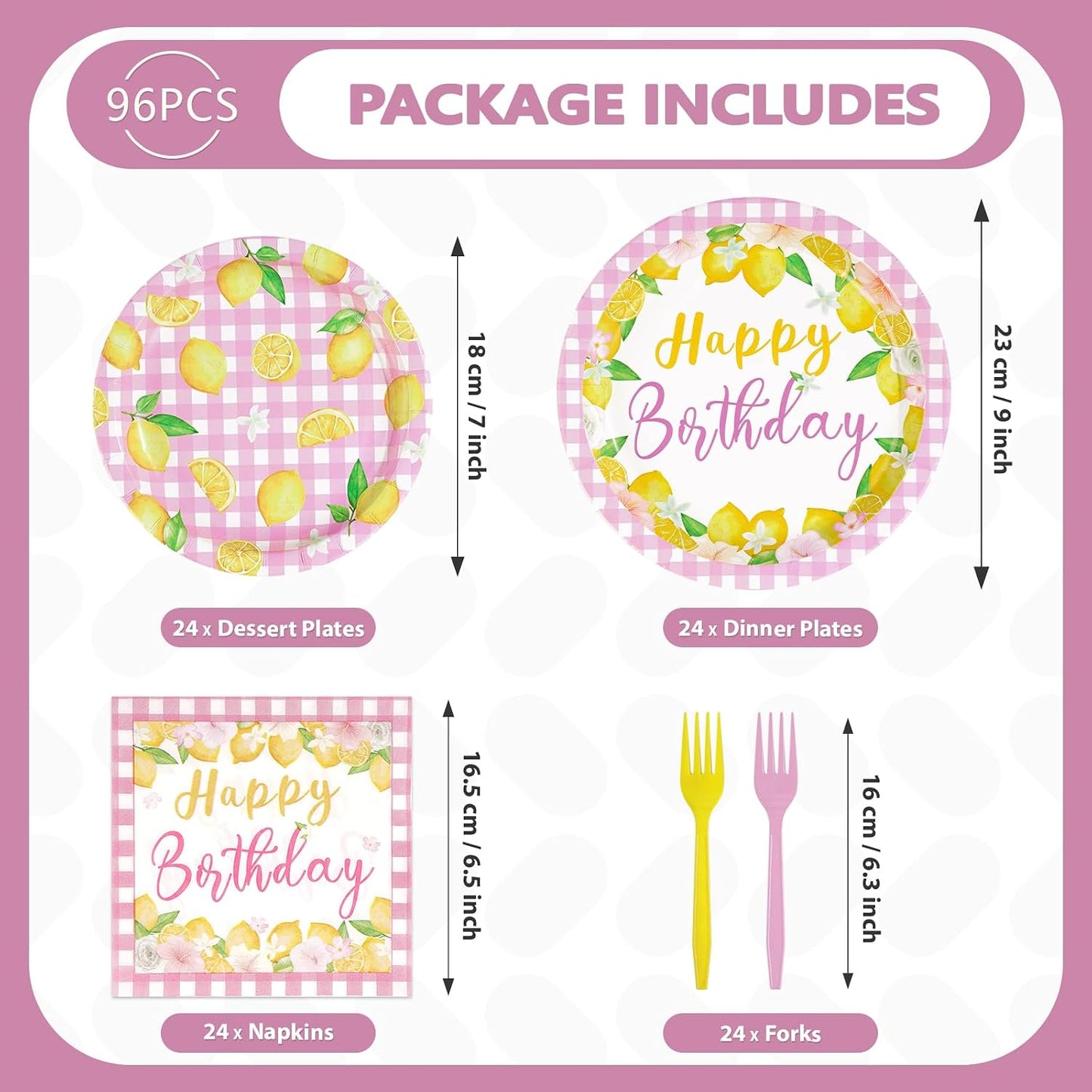 96 Pcs Pink Lemon Birthday Decorations Pink and Yellow Lemonade Paper Plates and Napkins Summer Fruit Theme Tableware Set for Boys Girls Birthday Baby Shower Party Supplies Serves 24