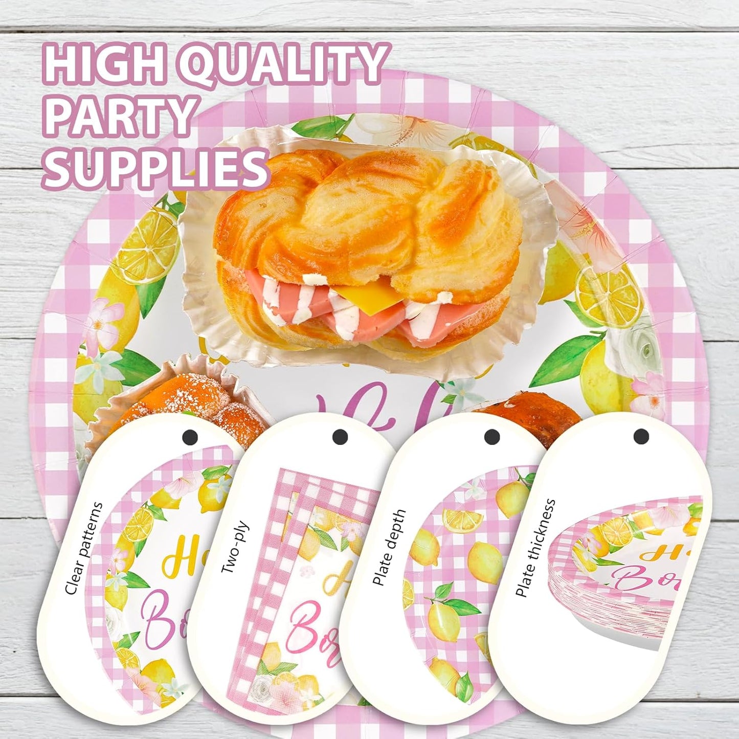 96 Pcs Pink Lemon Birthday Decorations Pink and Yellow Lemonade Paper Plates and Napkins Summer Fruit Theme Tableware Set for Boys Girls Birthday Baby Shower Party Supplies Serves 24