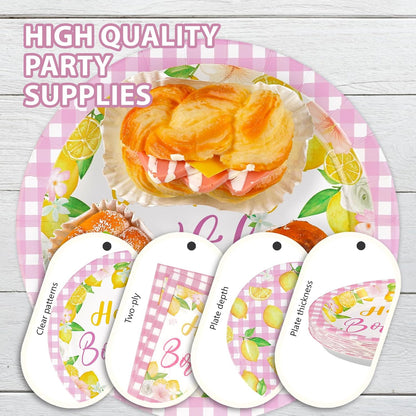96 Pcs Pink Lemon Birthday Decorations Pink and Yellow Lemonade Paper Plates and Napkins Summer Fruit Theme Tableware Set for Boys Girls Birthday Baby Shower Party Supplies Serves 24