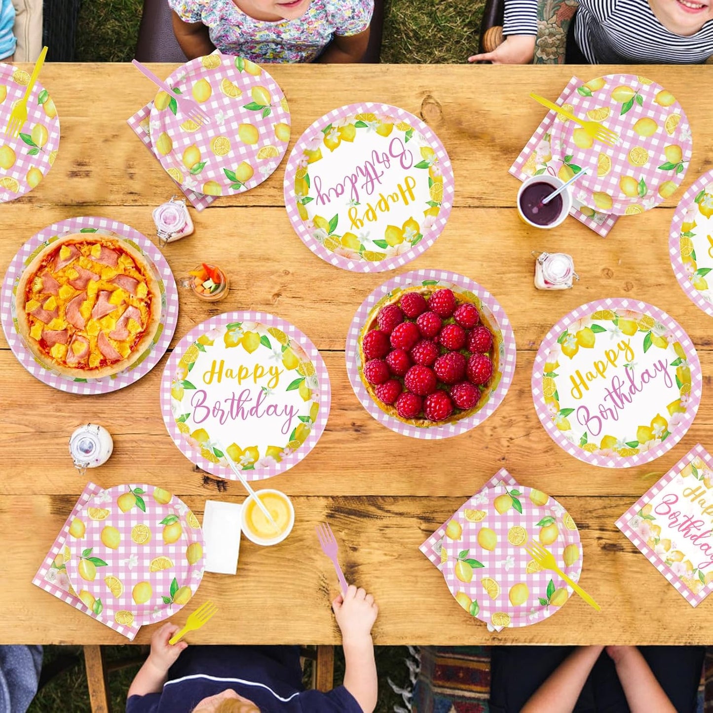 96 Pcs Pink Lemon Birthday Decorations Pink and Yellow Lemonade Paper Plates and Napkins Summer Fruit Theme Tableware Set for Boys Girls Birthday Baby Shower Party Supplies Serves 24