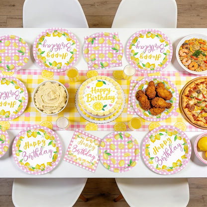 96 Pcs Pink Lemon Birthday Decorations Pink and Yellow Lemonade Paper Plates and Napkins Summer Fruit Theme Tableware Set for Boys Girls Birthday Baby Shower Party Supplies Serves 24