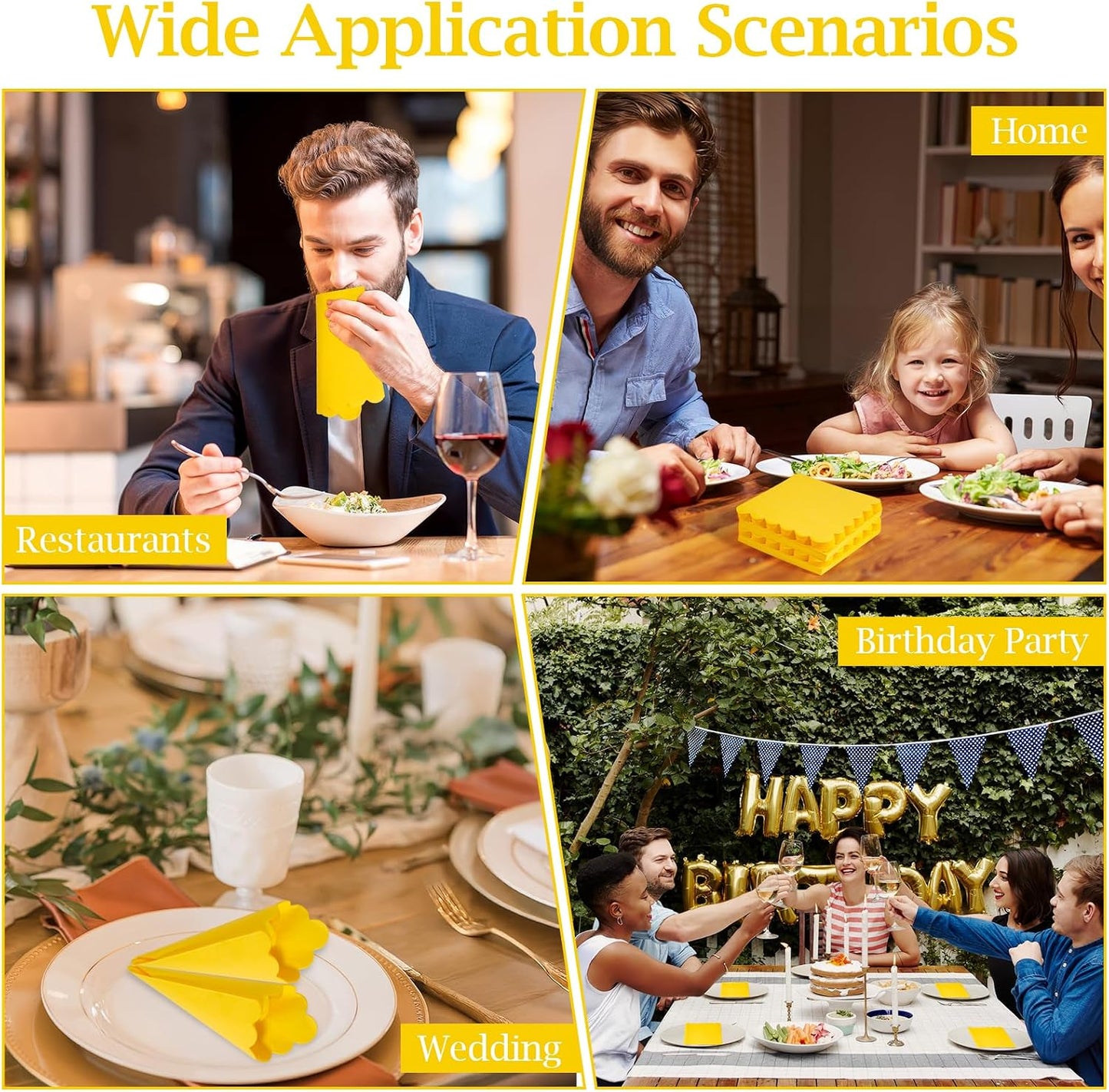 100 Pcs Cocktail Napkins, 2-Ply 5 x 5 Inches Disposable Scalloped Napkins, Thick Premium Dessert Napkins for Party, Wedding, Dinner, Birthday, Anniversary, Festival (Yellow)