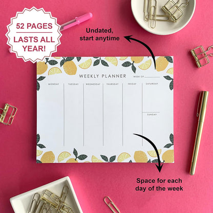 Weekly Planner Notepad - 9x7” inches, 52 tear off sheets - Undated Desk Planner Pad Calendar Notepad Organizer for Weekly To Do List, Notes and Schedule (Lemons)