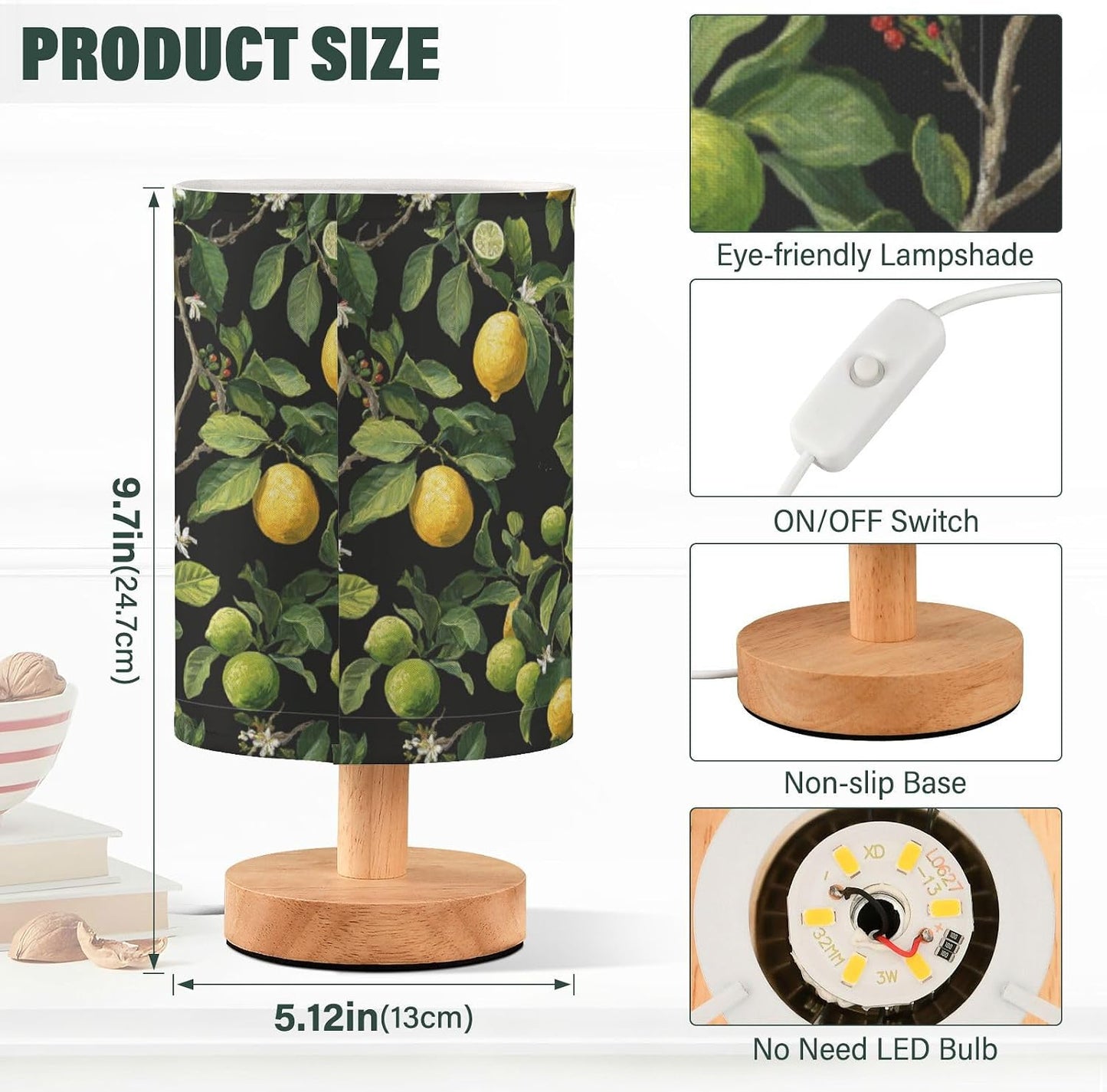 Bedside Table Lamp Lemon Yellow Citrus Fruits (64) Kids Nightstand Lamp Night Light Fabric Shade for Bedroom Living Room Home Office