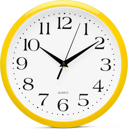 Yellow Wall Clock 10 inch Silent Non Ticking Battery Operated Quartz Easy to Read Round Classroom Home Decor for Kids Playroom Baby Room Nursery Fun