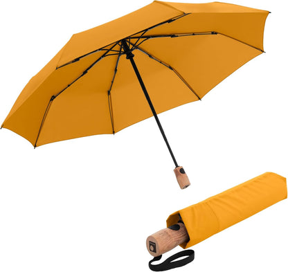 TIMBER Automatic Umbrella - Auto Open Close Duomatic Folding Rain Protection with German Beechwood Handle, Wind Tunnel Tested Frame, Compact Travel Design