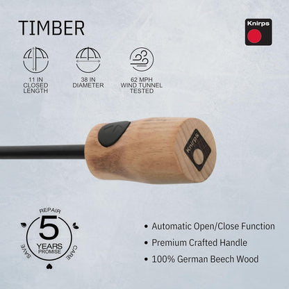 TIMBER Automatic Umbrella - Auto Open Close Duomatic Folding Rain Protection with German Beechwood Handle, Wind Tunnel Tested Frame, Compact Travel Design