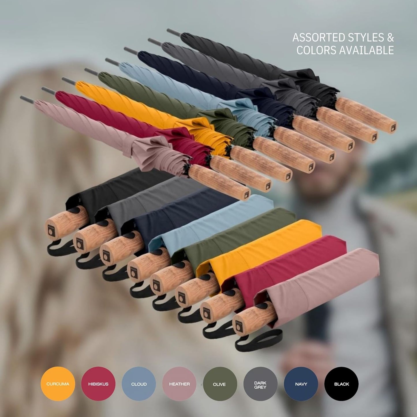 TIMBER Automatic Umbrella - Auto Open Close Duomatic Folding Rain Protection with German Beechwood Handle, Wind Tunnel Tested Frame, Compact Travel Design