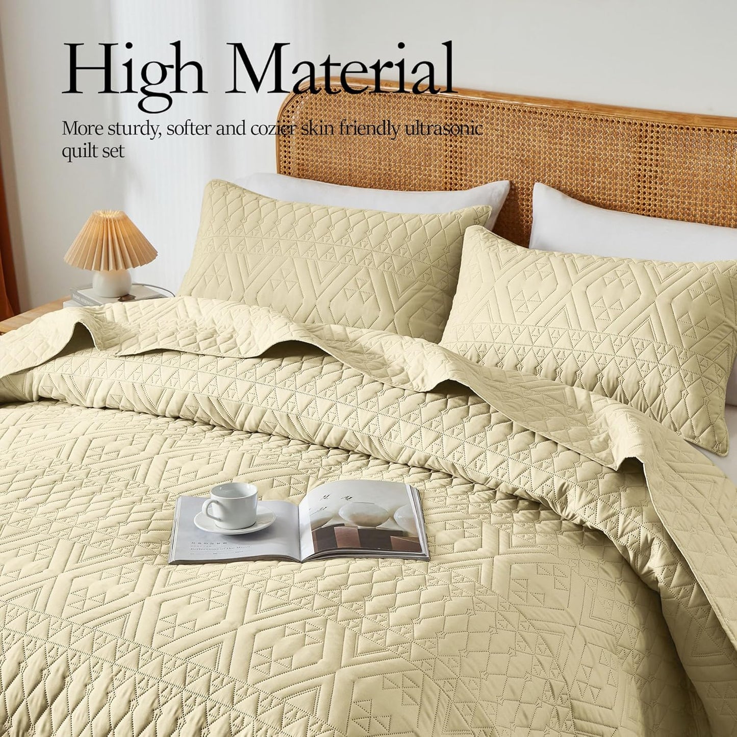 King/Cal King Size Quilt Bedding Set,Butter Yellow Lightweight Microfiber Soft Bedspread,Modern Style Geometric Pattern Coverlet Set for All Seasons,3 Piece(1 Quilt,2 Pillow Shams)