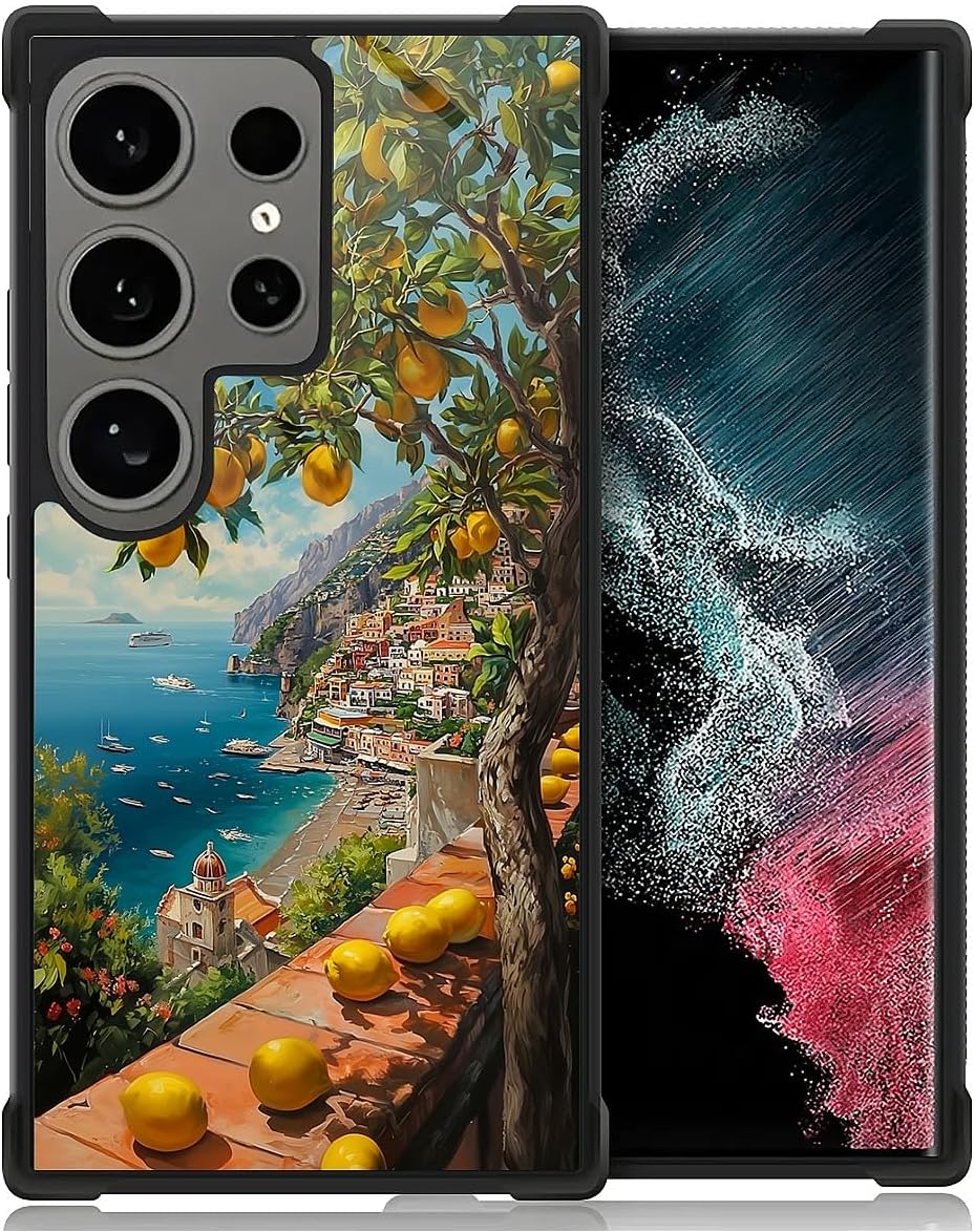 Compatible with Samsung Galaxy S24 Ultra Case Non Slip Screen Lens Protection Case for Girl Boy Cute Pattern Lemon Mediterranean Sea Italian Coast Amalfi