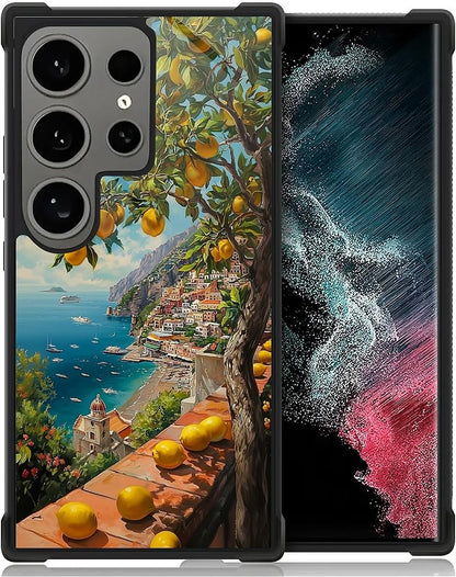 Compatible with Samsung Galaxy S24 Ultra Case Non Slip Screen Lens Protection Case for Girl Boy Cute Pattern Lemon Mediterranean Sea Italian Coast Amalfi