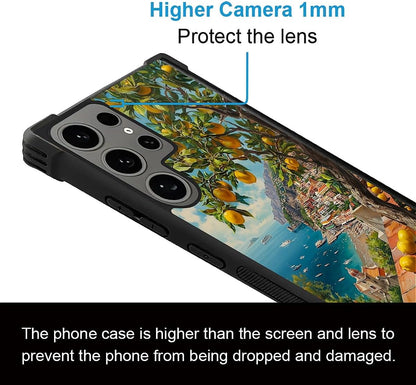 Compatible with Samsung Galaxy S24 Ultra Case Non Slip Screen Lens Protection Case for Girl Boy Cute Pattern Lemon Mediterranean Sea Italian Coast Amalfi