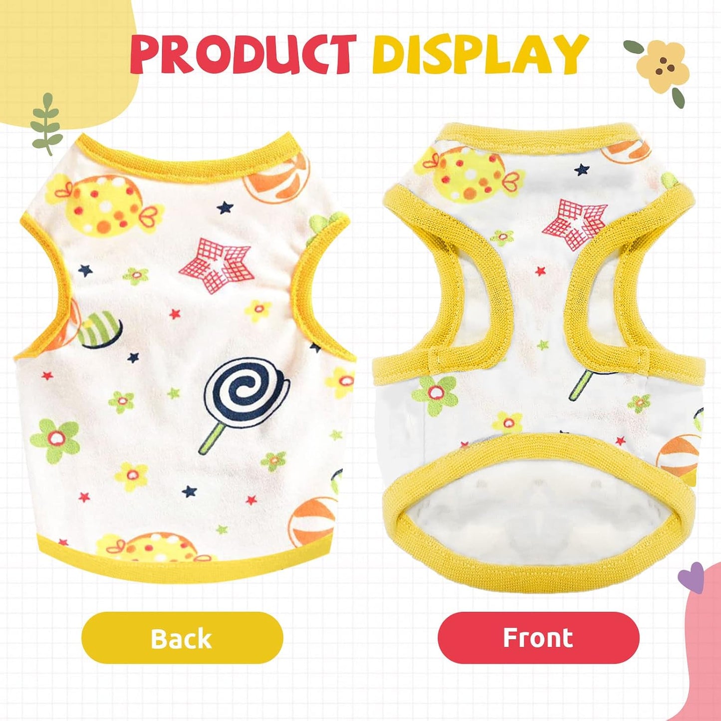 Small Dog Shirt Cute Puppy Cat T Shirts Clothes Soft Cotton Sleeveless Tee Shirts for Small Dogs Cats Doggy Vest Tee Shirt Chihuahua Yorkie Shih Tzu Pet Apparels(Yellow Lollipop,S)