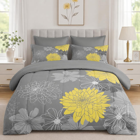 Comforter Set Full Size, Vintage Summer Flower 7 Pcs Bedding for Kids and Adults, Yellow Botanical Floral Bed Sheet Sets with Fitted Sheet 2 Pillowcases & 2 Shams