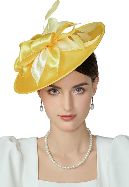 Derby Hats for Women Wide Brim Flower Feather Tea Party Fascinator | Large Flat Brim Design, Artificial Vivid Flower Detail, Wedding, Cocktail, Kentucky Race Hat, Breathable Material