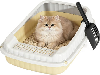 Cat Litter Box, Semi-Closed Heighten Cat Toilet Splashproof Portable Pet Litter Tray Indoor Kitten Litter Box for Small Pets 18.9'' L X 5.51'' H X 12.6'' W (Light Yellow)
