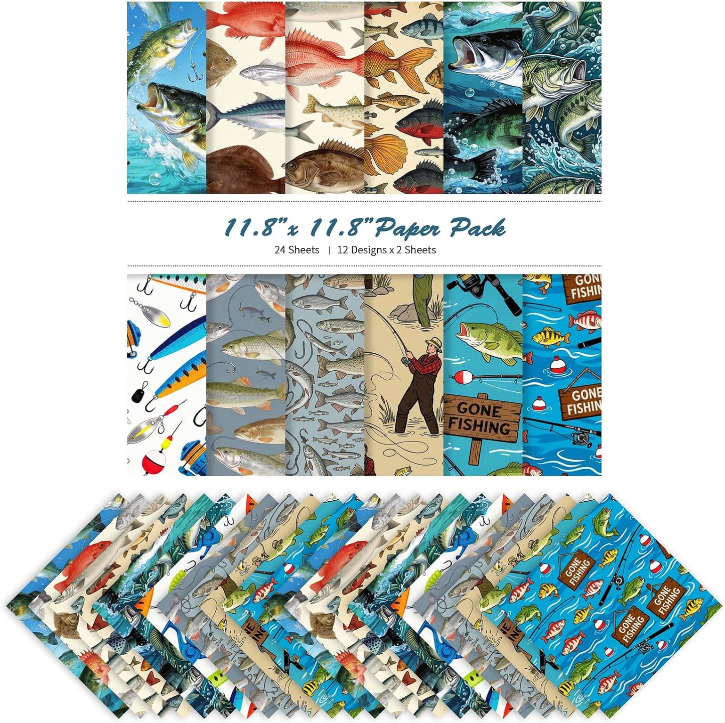 24 Sheets 11.8 x 11.8 Inch Fishing Fish and Tackle Scrapbook Paper, Double Sided Decorative Craft Paper for Junk Journals, DIY Card Making & Gift Wrapping