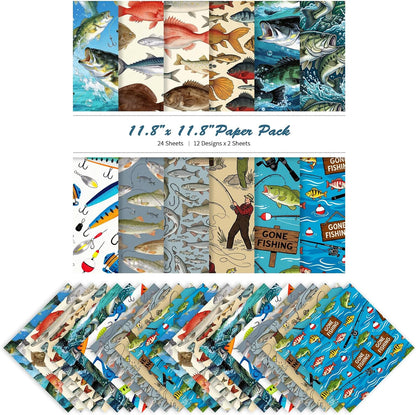 24 Sheets 11.8 x 11.8 Inch Fishing Fish and Tackle Scrapbook Paper, Double Sided Decorative Craft Paper for Junk Journals, DIY Card Making & Gift Wrapping