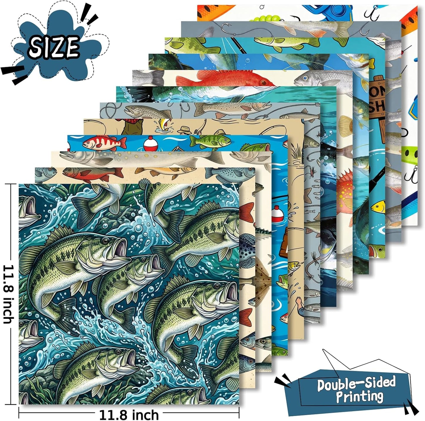 24 Sheets 11.8 x 11.8 Inch Fishing Fish and Tackle Scrapbook Paper, Double Sided Decorative Craft Paper for Junk Journals, DIY Card Making & Gift Wrapping