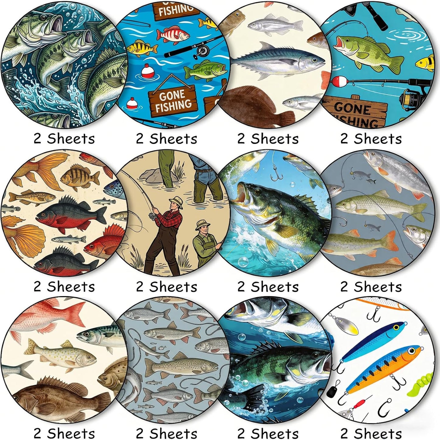 24 Sheets 11.8 x 11.8 Inch Fishing Fish and Tackle Scrapbook Paper, Double Sided Decorative Craft Paper for Junk Journals, DIY Card Making & Gift Wrapping