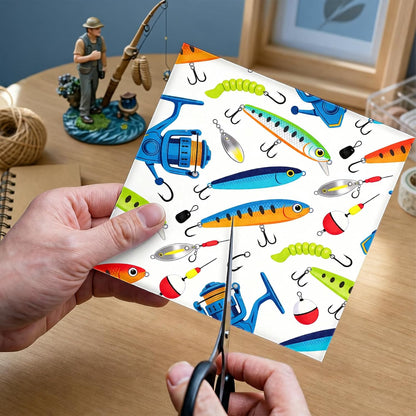 24 Sheets 11.8 x 11.8 Inch Fishing Fish and Tackle Scrapbook Paper, Double Sided Decorative Craft Paper for Junk Journals, DIY Card Making & Gift Wrapping