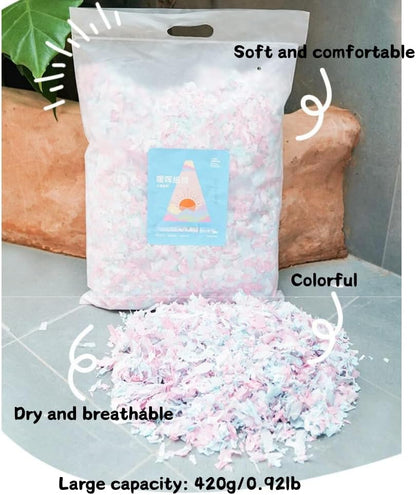 Small Animal Bedding, Bird Cozy Nesting Cotton Paper Material, Enhance Breeding Environment, Low Dust Odor Control for Birds Parrots Parakeets Guinea Pigs Rabbits Hamsters 0.92lb (Yellow and Purple)