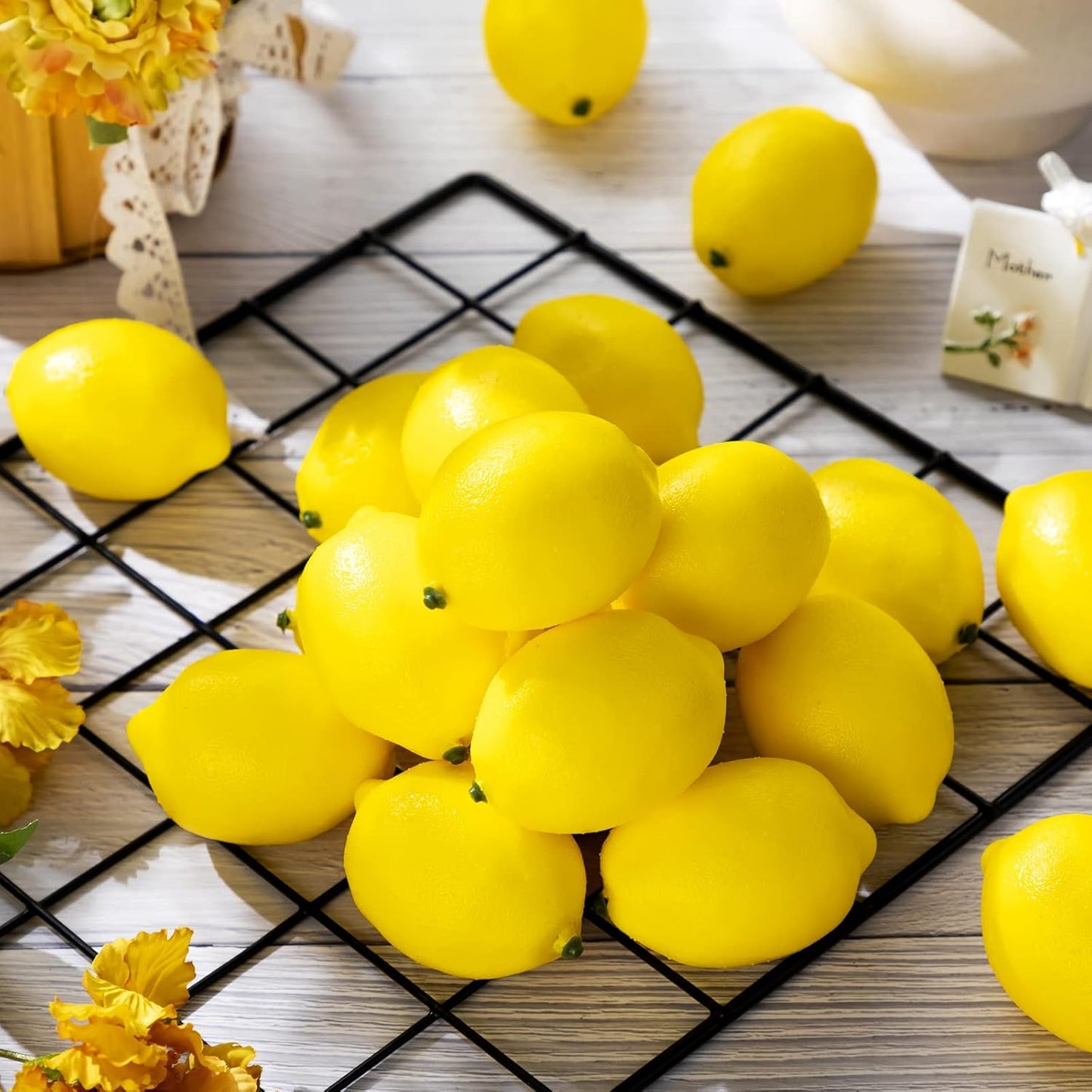 Summer Fake Lemon Fake Fruit Faux Yellow Lemon Decor Lifelike Simulation Artificial Fruit for Party Table Kitchen Vase Filler Wreath Garland Photography Decoration(3.1 x 2.1 Inch,60 Pcs)