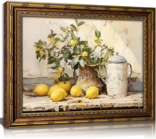 Vintage Gold Framed Canvas Wall Art Farmhouse Rustic Lemon Kitchen Painting Picture Wall Decor Retro Country Still Life Antique Fruit Poster Print Artwork for Dining Room living room