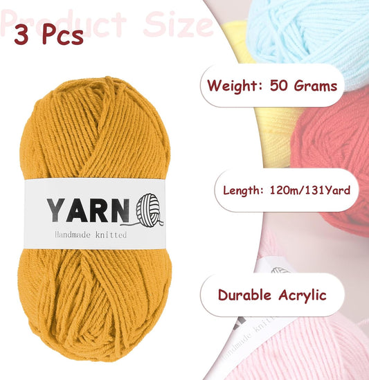 3Pcs Dark Yellow Acrylic Yarn 400 Yard 4 Ply Soft Crochet Yarns Sport Weight Yarn,[for DIY Crocheting Knitting Craft Blankets Hats]-150g