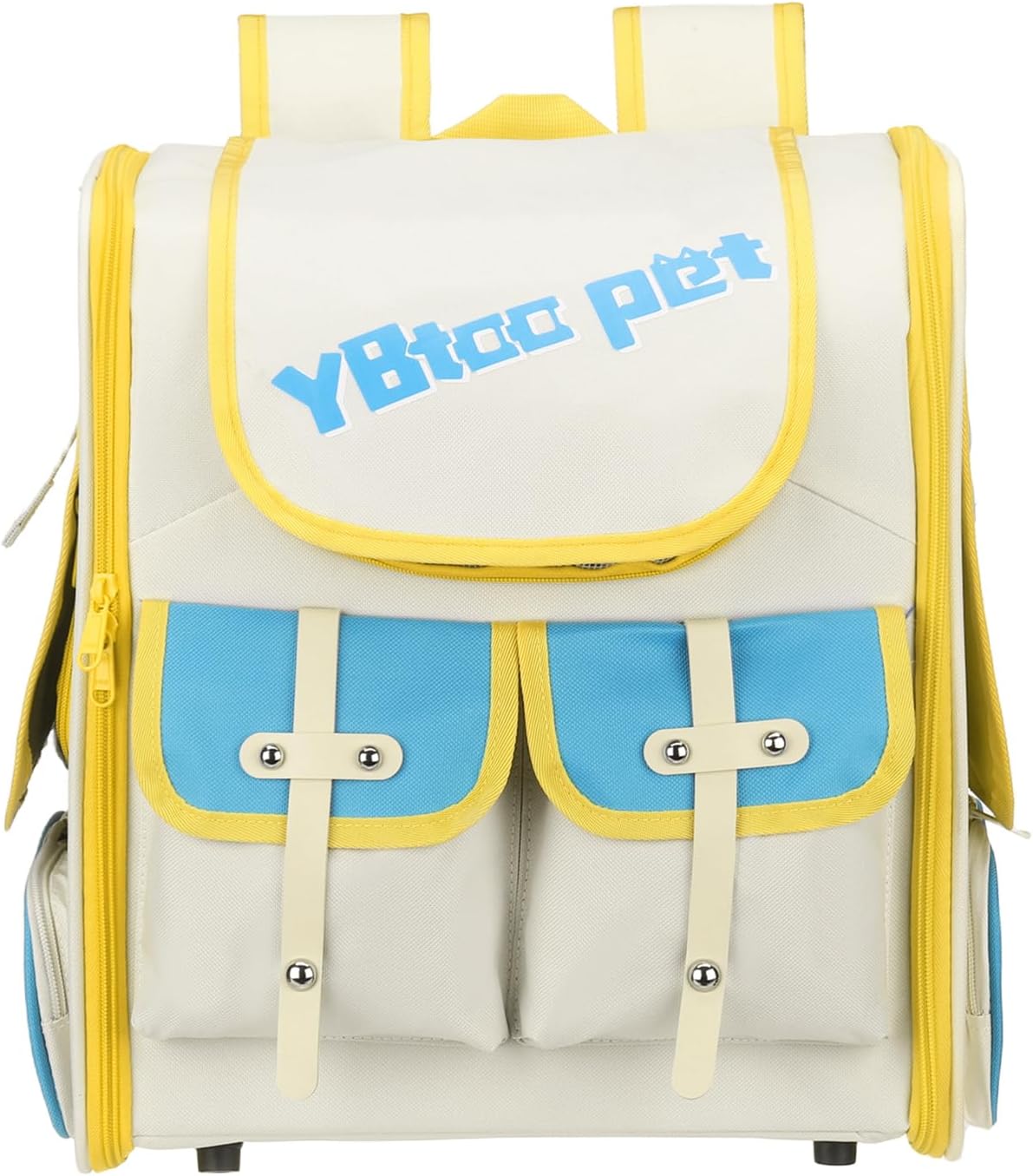 Pet Backpack Carrier, Portable and Ventilated, Oxford Cloth, Dogs Cats Travel Bag 13.39" Up to 16.5 Lbs, (Beige, Yellow, Blue), Intended for Hiking/Camping/Traveling
