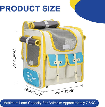 Pet Backpack Carrier, Portable and Ventilated, Oxford Cloth, Dogs Cats Travel Bag 13.39" Up to 16.5 Lbs, (Beige, Yellow, Blue), Intended for Hiking/Camping/Traveling