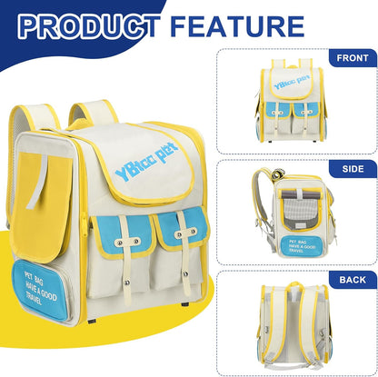 Pet Backpack Carrier, Portable and Ventilated, Oxford Cloth, Dogs Cats Travel Bag 13.39" Up to 16.5 Lbs, (Beige, Yellow, Blue), Intended for Hiking/Camping/Traveling