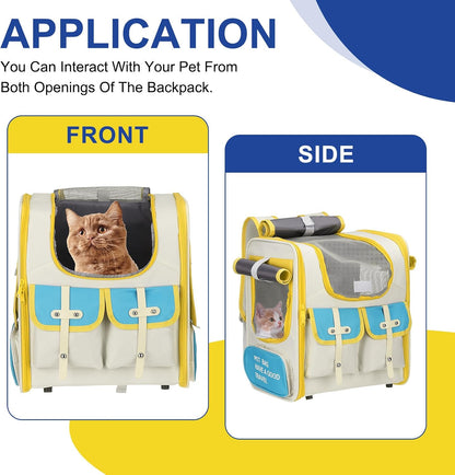 Pet Backpack Carrier, Portable and Ventilated, Oxford Cloth, Dogs Cats Travel Bag 13.39" Up to 16.5 Lbs, (Beige, Yellow, Blue), Intended for Hiking/Camping/Traveling