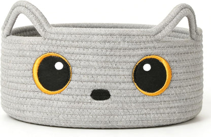 Gray Cat Toy Basket, Woven Cat Toy Storage Bin with Embroidered Face, Small Cotton Rope Storage Box with Handle Ears for Home Decor, Pet Bed, Nursery Kids Room Organization