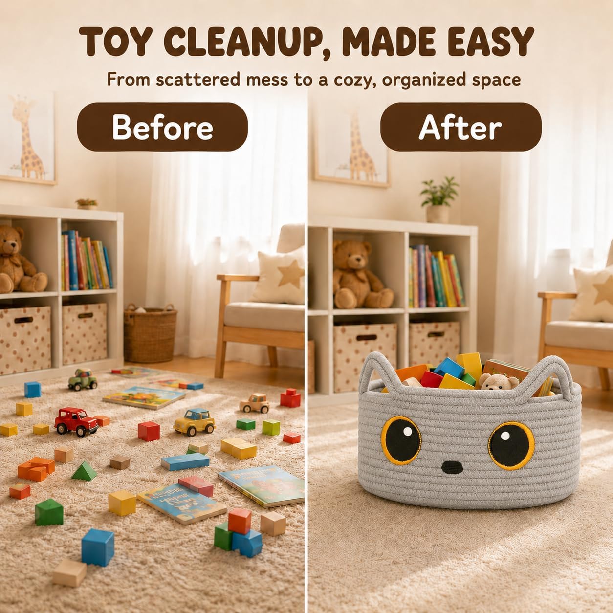 Gray Cat Toy Basket, Woven Cat Toy Storage Bin with Embroidered Face, Small Cotton Rope Storage Box with Handle Ears for Home Decor, Pet Bed, Nursery Kids Room Organization