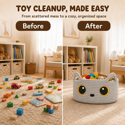 Gray Cat Toy Basket, Woven Cat Toy Storage Bin with Embroidered Face, Small Cotton Rope Storage Box with Handle Ears for Home Decor, Pet Bed, Nursery Kids Room Organization