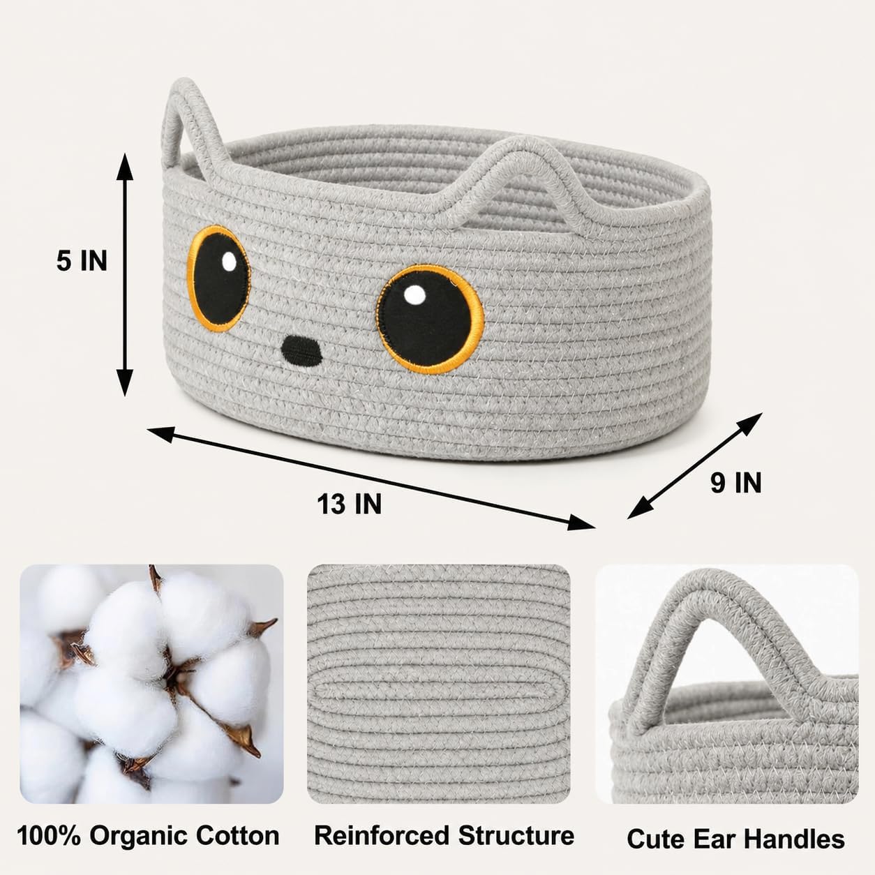 Gray Cat Toy Basket, Woven Cat Toy Storage Bin with Embroidered Face, Small Cotton Rope Storage Box with Handle Ears for Home Decor, Pet Bed, Nursery Kids Room Organization