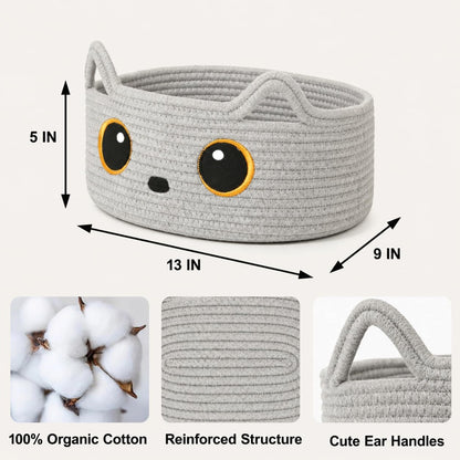 Gray Cat Toy Basket, Woven Cat Toy Storage Bin with Embroidered Face, Small Cotton Rope Storage Box with Handle Ears for Home Decor, Pet Bed, Nursery Kids Room Organization
