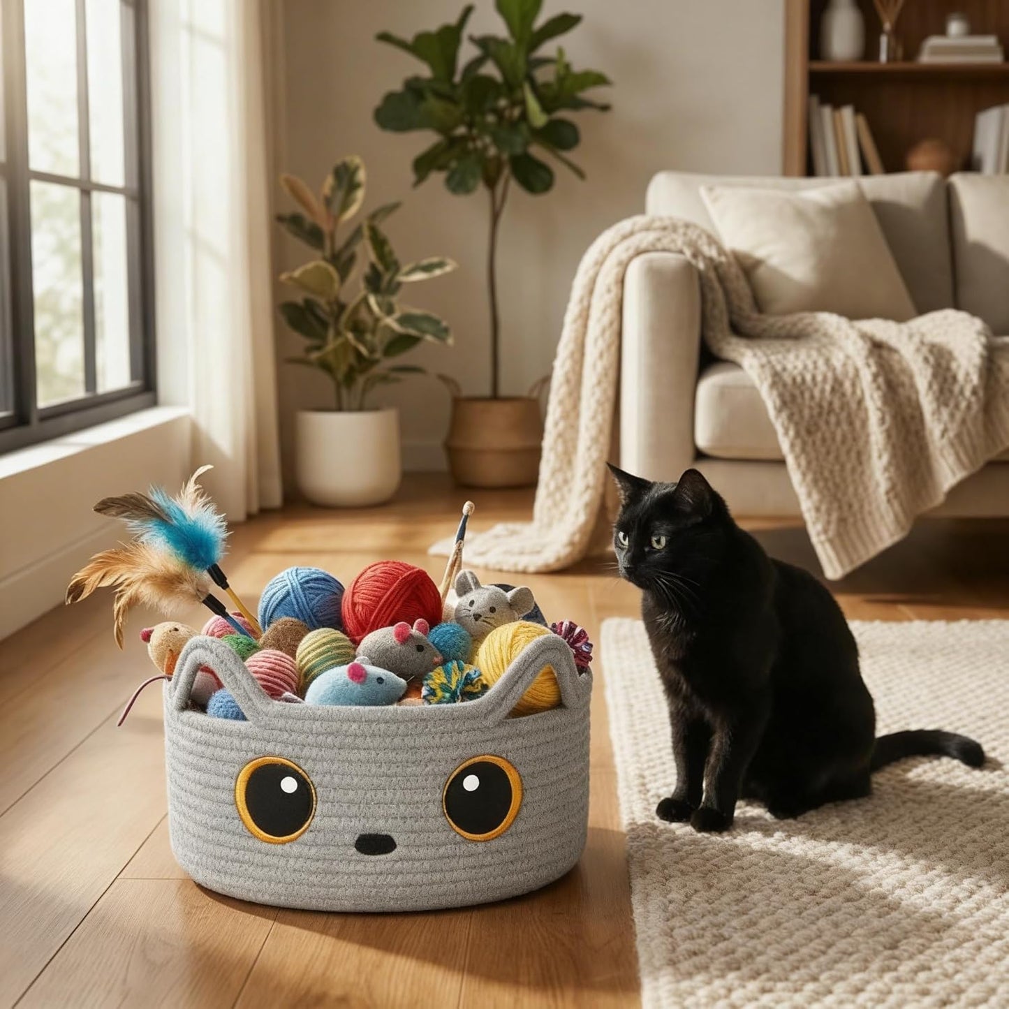 Gray Cat Toy Basket, Woven Cat Toy Storage Bin with Embroidered Face, Small Cotton Rope Storage Box with Handle Ears for Home Decor, Pet Bed, Nursery Kids Room Organization